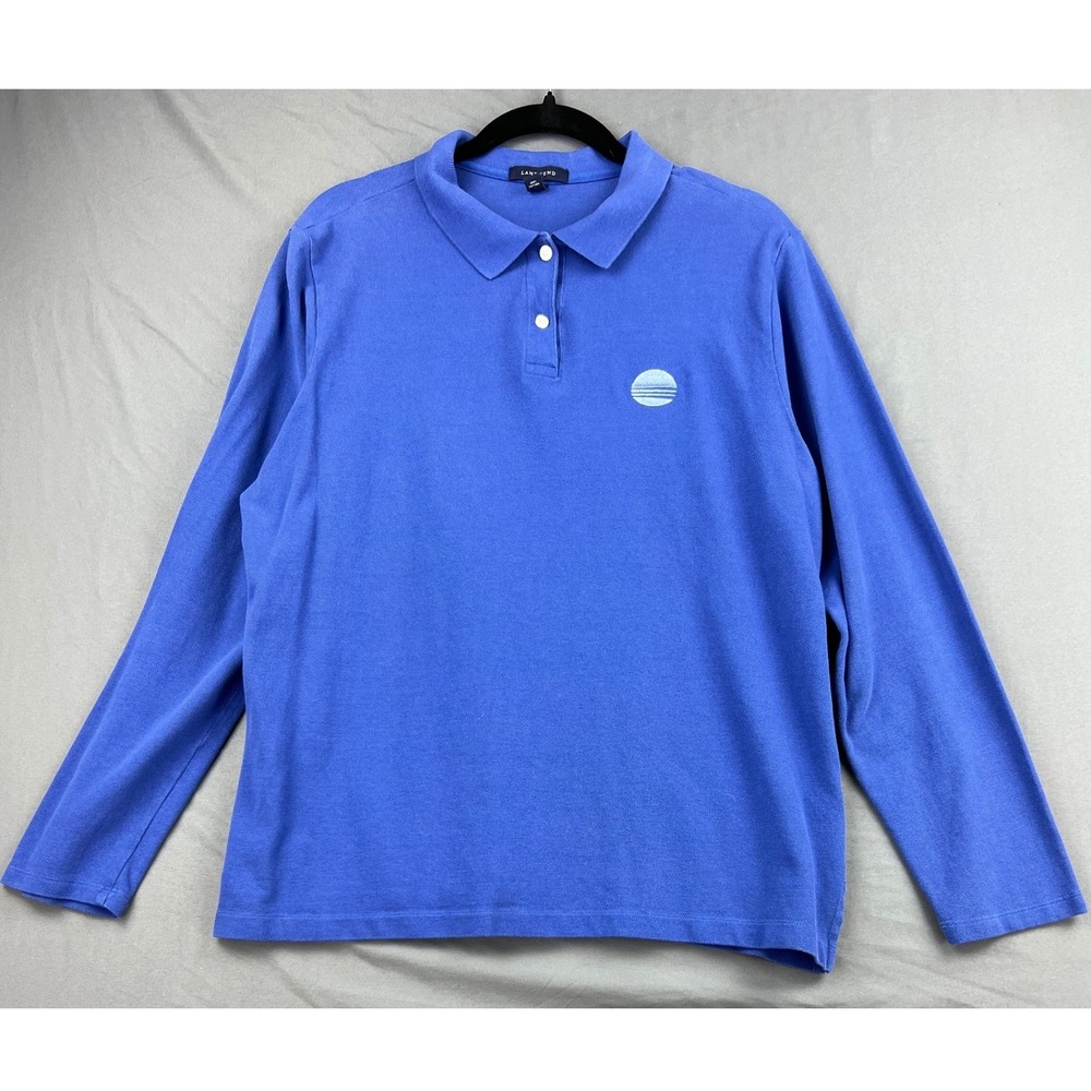 Lands' End Polo Shirt Womens 1X Long Sleeve Blue Cotton Sun Graphic Excellent